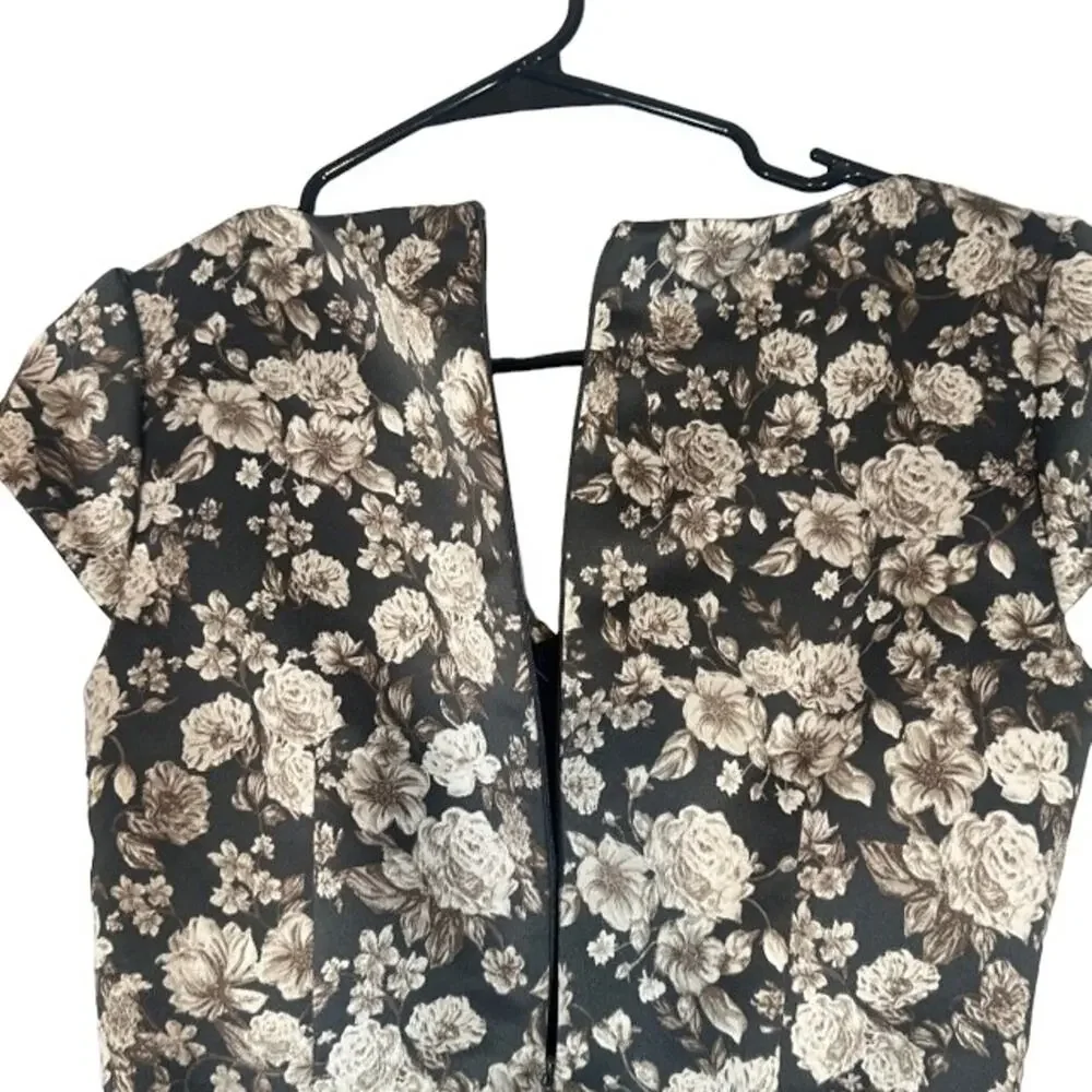 Gal Meets Glam Black Floral Short Cap Sleeve V-Neck Sheath Dress Women Sz 00
